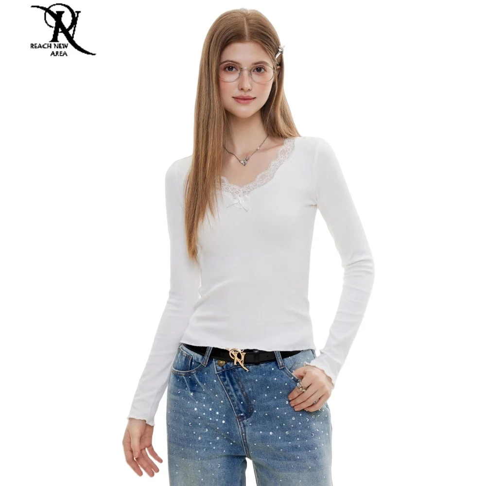 Felpa da donna Y2k Top a maniche lunghe da donna in pizzo bianco con scollo a V Abbigliamento da strada per donna in autunno Abbigliamento da donna