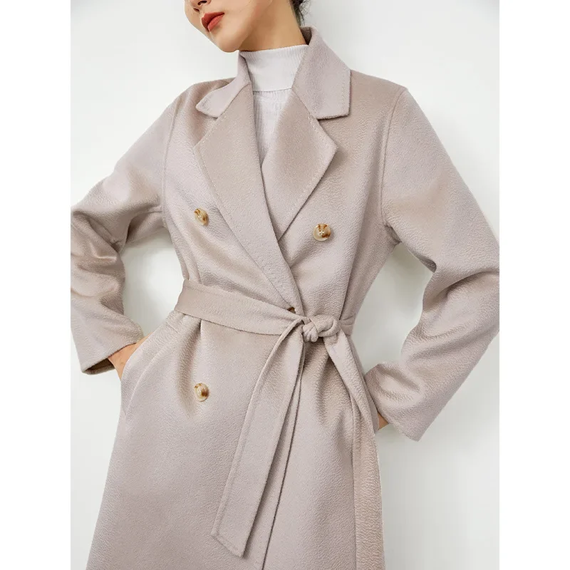 Water Ripple Double-sided Woolen Cashmere long Coat Women's 2025 New Wool Coat, 94.8% wool +5.2% cashmere