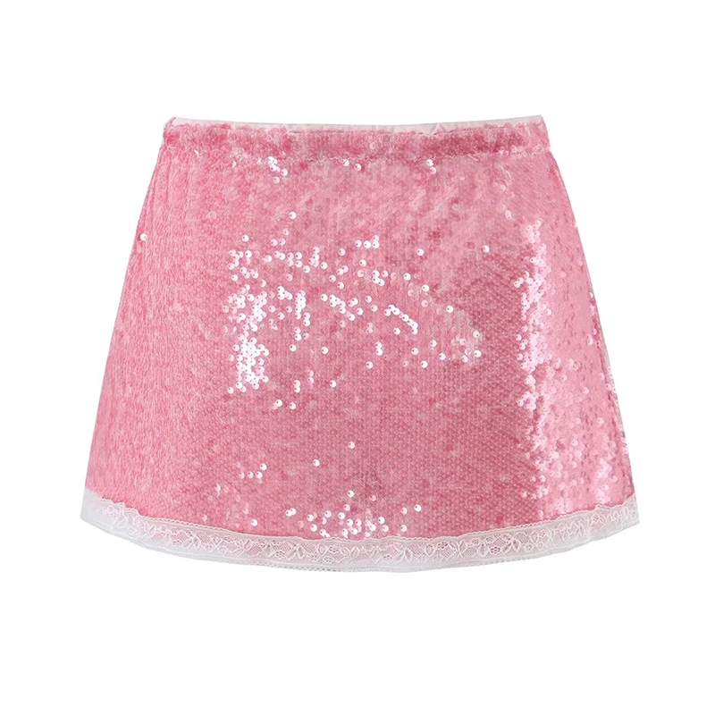 YENKYE European And American Sequined Mini Skirt Women Elastic Waist Lace Trim Hem A-line Party Summer Sexy Skirts