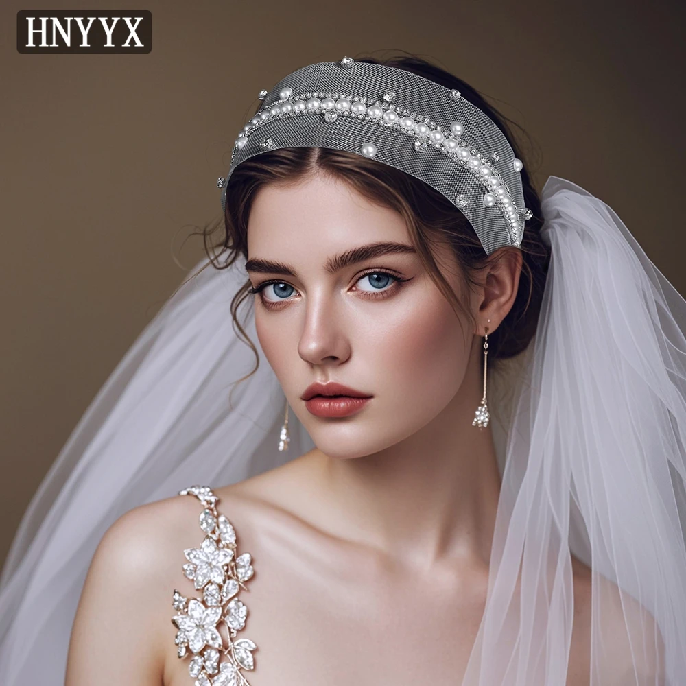 

HNYYX Bling Rhinestone HeadBand Pearl Mesh Headpiece Handmade Wide Brimmed Hollow Headdress Daily Party Hair Accessories A331
