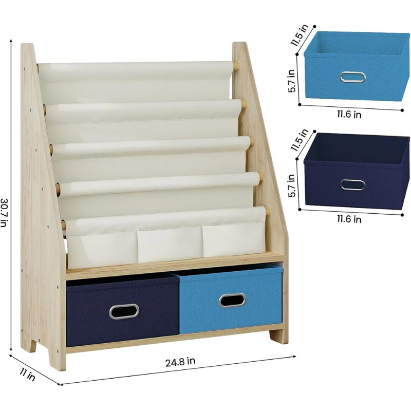 

4 Tier Kids Book Shelf, Wooden Kids Book Rack Storage Bookshelf with Toy Storage Organizer, Toddler Sling Bookshelf