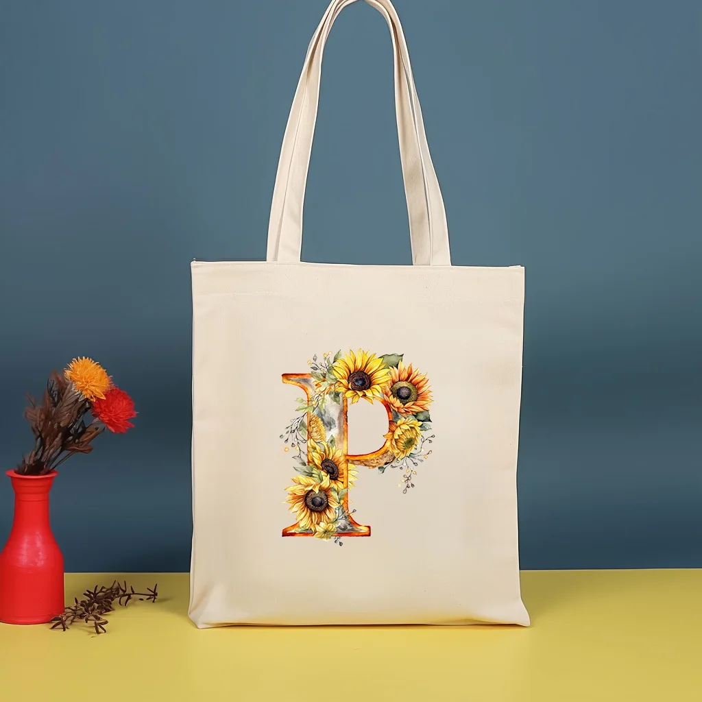 Sunflower letter printed canvas bag, women\'s shoulder bag, handbag, large capacity storage bag, foldable and reusable