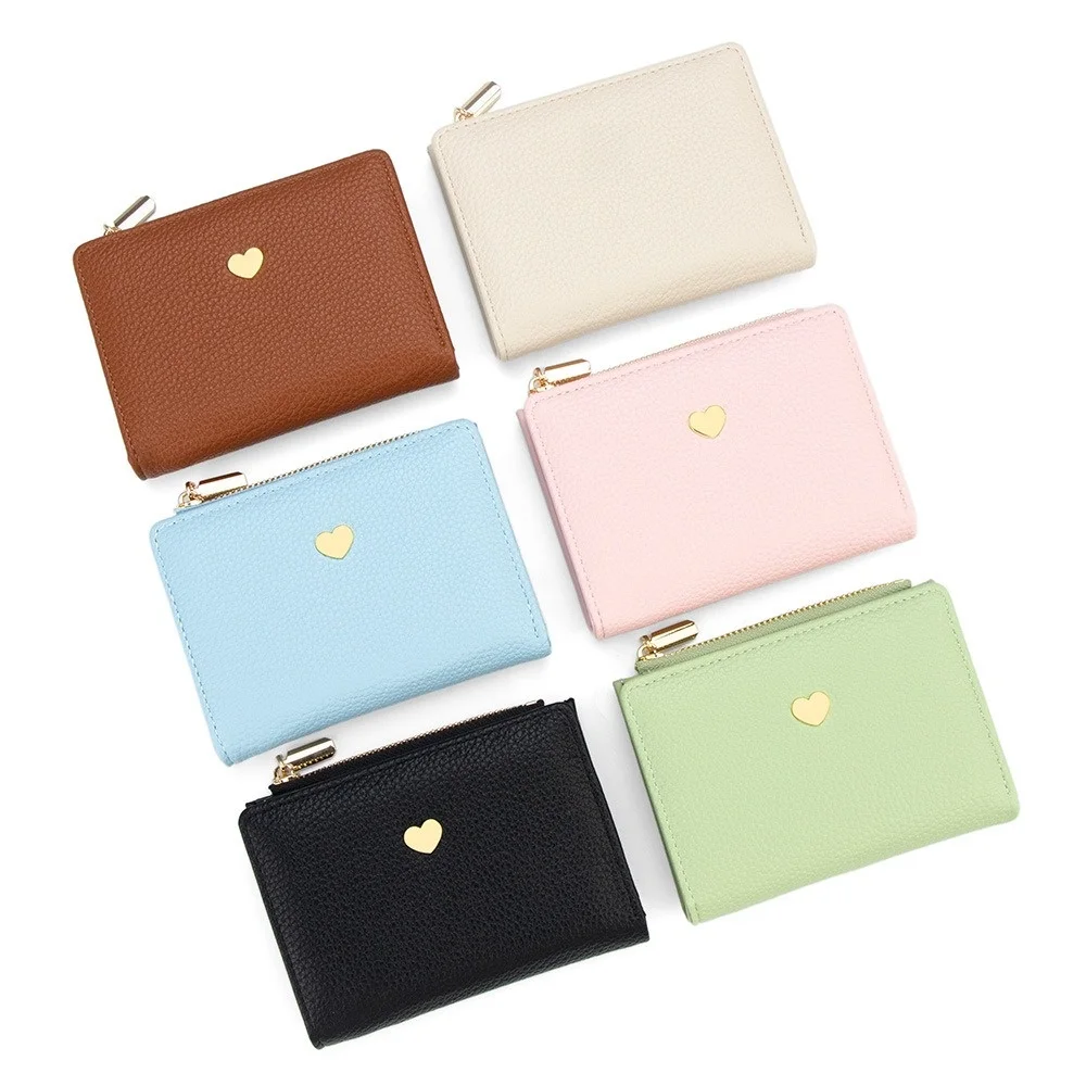 

Simple Zipper Two Fold Wallet Love Heart Solid Color Credit Card Holder Anti Loss Large Capacity Coin Purse Travel