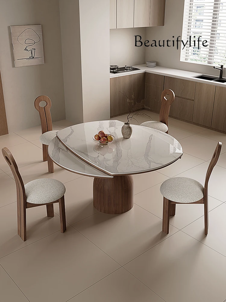 

Nordic Retractable Stone Plate round Dining Table Dual-Use Folding Small Apartment Solid Wood Dining Tables and Chairs Set