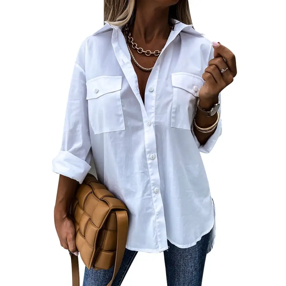 

Women Baggy Shirt Button Up Long Sleeve Ladies Casual Loose Plain Blouse Tops