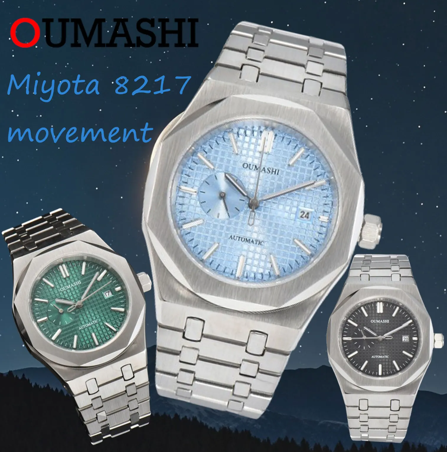 42mm OUMASHI Miyota 8217 men's automatic mechanical watch 316L stainless steel sapphire glass 100m life waterproof luminous dial