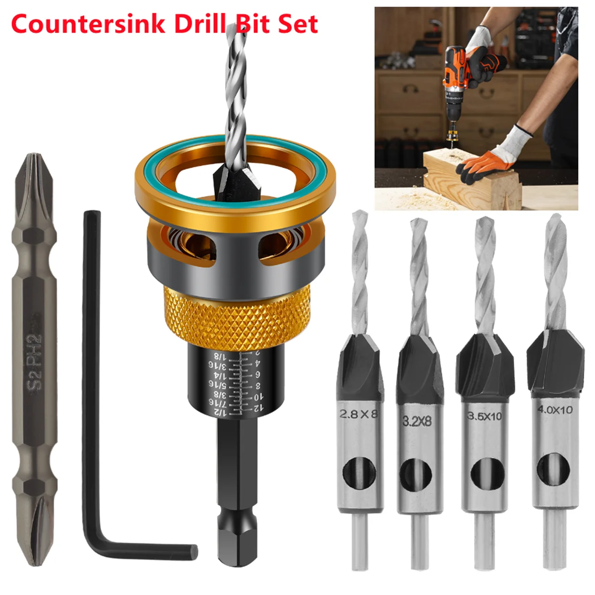 Woodworking Limit Four Edge Countersink Drill High-Speed Steel Drill Adjustable Depth Step Drill Screw Countersink Drill Bit