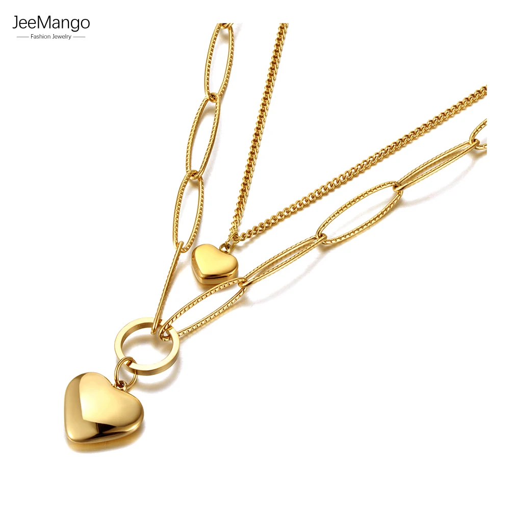 JeeMango Double Layer Stainless Steel Lovely Heart Charm Pendant Necklace Bohemia Link Chain Choker Necklace For Women JN21086