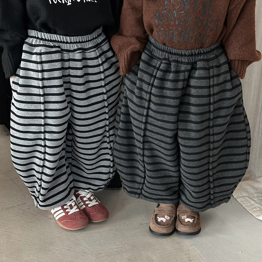 

Kids Clothes Fleece Sweatpants Winter Thick and Warm Lantern-style Fleece-striped Sweatpants Boys and Girls Winter Daily Pants