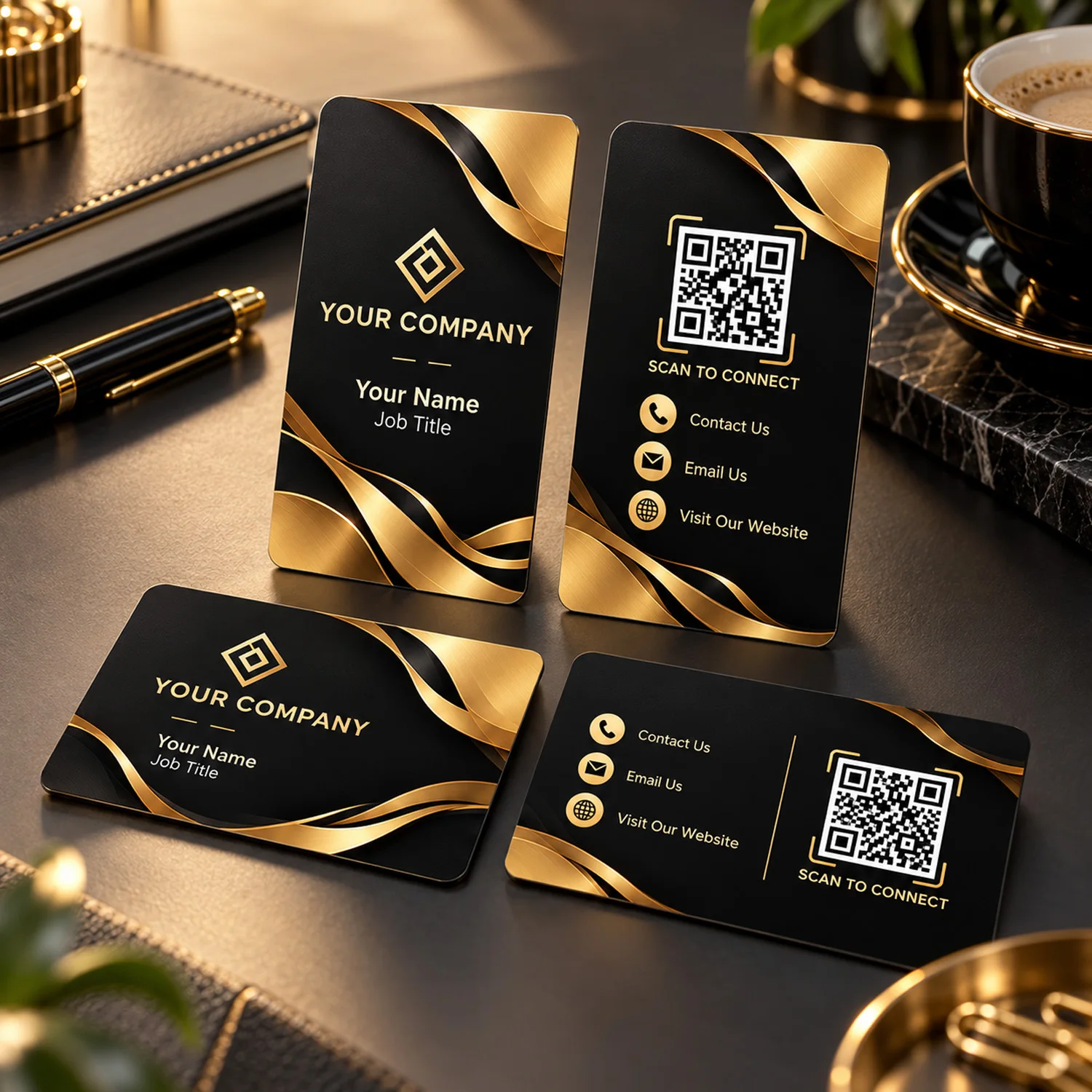 Luxury Black Gold PVC Business Cards Custom Double Sided Printing Personalized Logo Text QR Code VIP Membership Brand Card