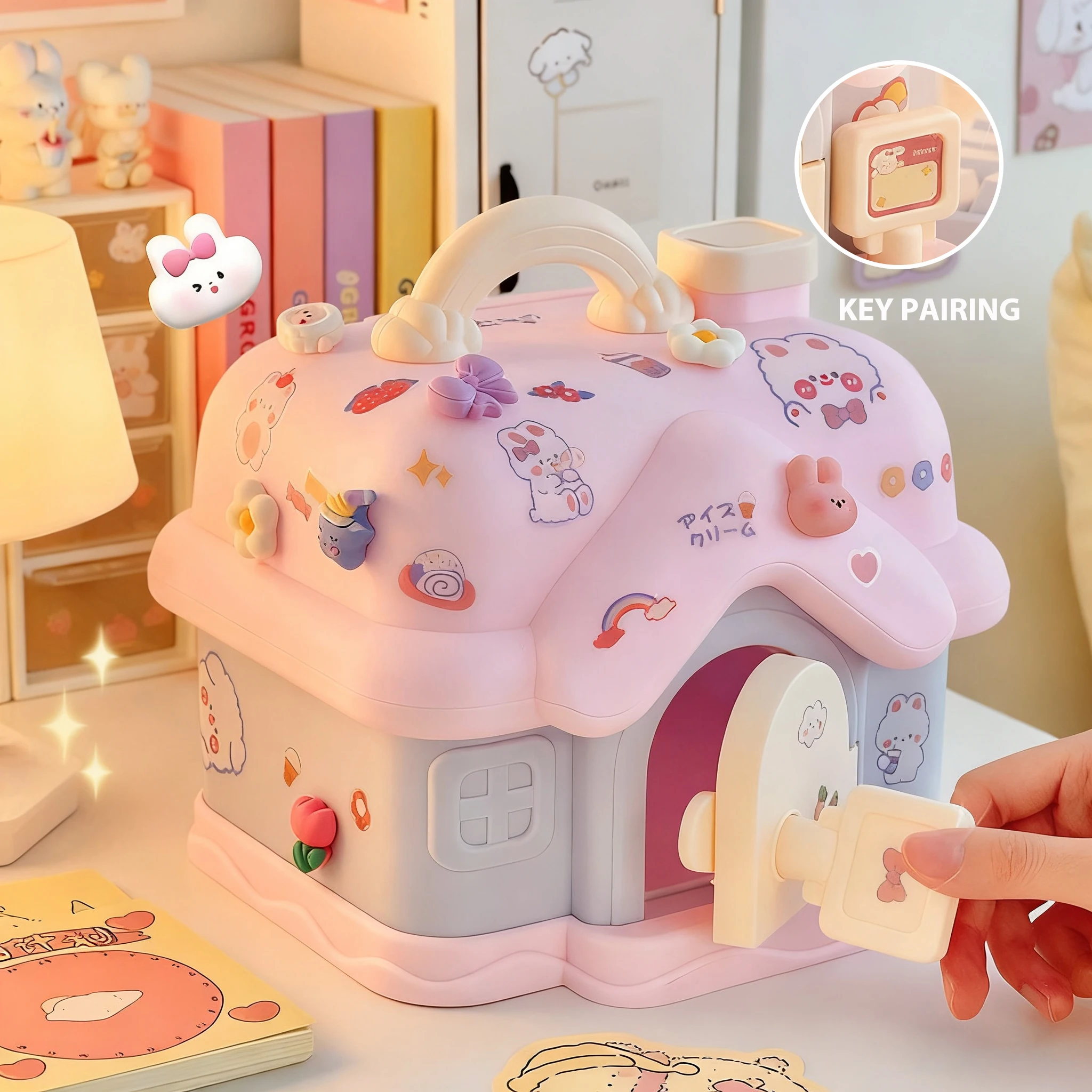 صندوق نقود قابل للقفل مع مفتاح، ملصقات PVC بتصميم عشوائي، بنك التوفير للأطفال، حصالة على شكل حيوان للنقود والعملات المعدنية