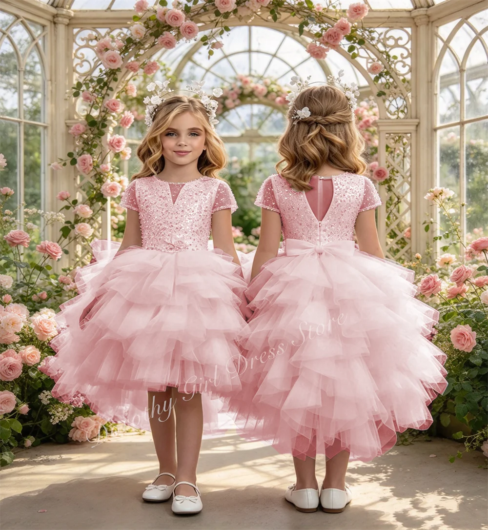 Short Sleeves Sequins Beaded Flower Girls Dresses Kids Formal Wear Birthday Pageant GownToddler Wedding Party Dress
