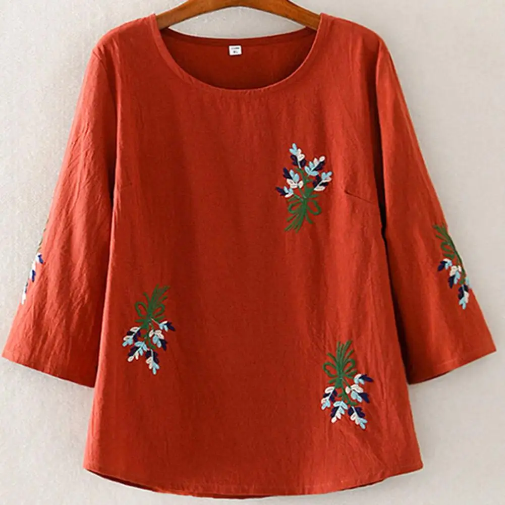 

Flower Embroidery Women Summer T-shirt Three-quarter Sleeve Loose Round Neck Match Pants A-line Retro Summer Top Women Clothing