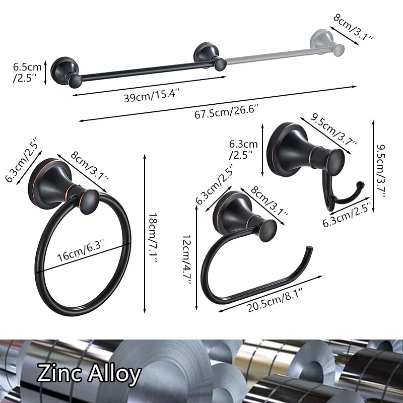 4-Piece Bathroom Bath Set, Wall Mount (Adjustable Towel Bar Rack, Towel Ring Holder, Paper Towel Holder, Double Towel Hook)
