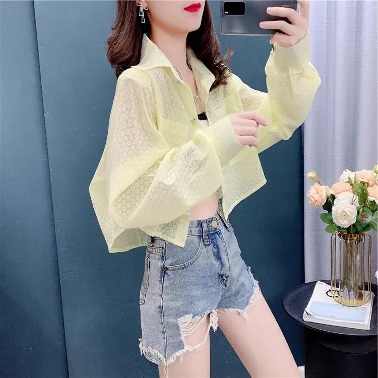 Summer Women Blouses Puff Sleeve Long Chiffon Sunscreen Shirts Cardigan Black White Loose Casual Sun Protection Shirt Tops A488