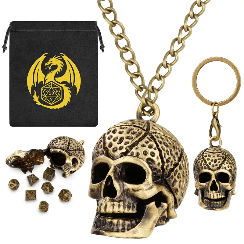 

7pcs Small Size Metal Polyhedral Dice with Gothic Skull Head Metal Cage Portable Key Ring Necklace Chain RPG Game Accessory Bag