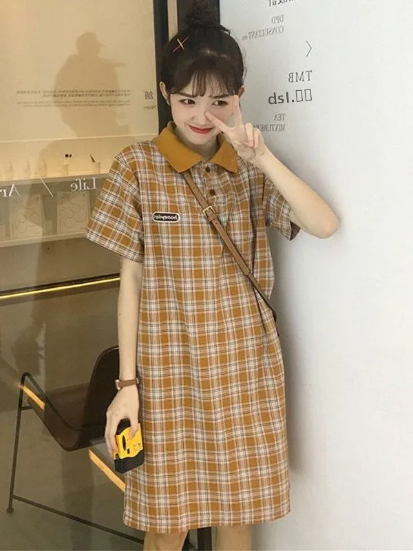 

plus Size Women's Summer Short Sleeve Dress Gentle Wind Midi Fairy Plaid Skirt Korean Style Commute Spring Autumn Dress