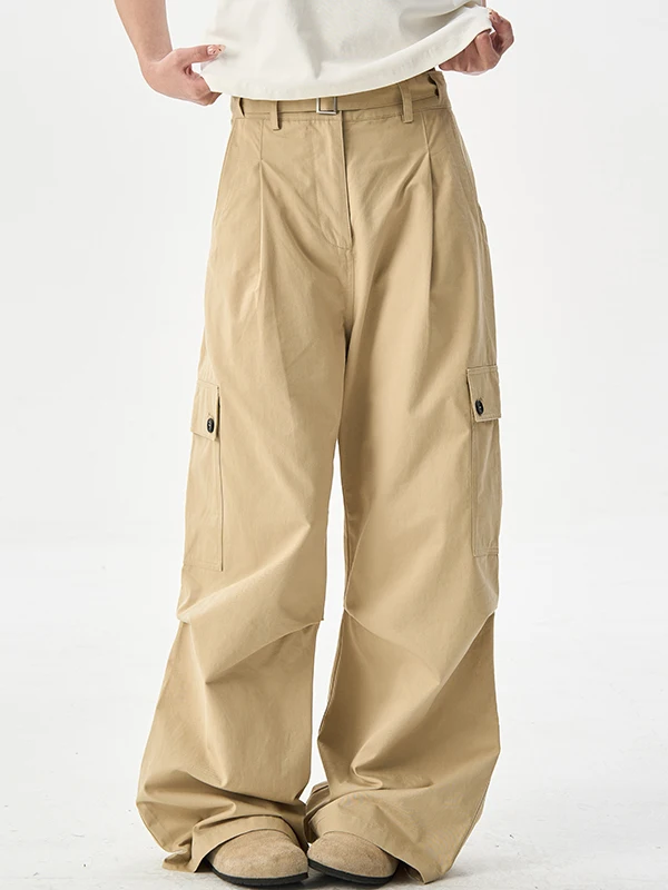 

American Retro Khaki Color Large ket Work Pants Men's Trendy High Waist Loose Slimming Paratrooper Wide Leg Pants Spring S...