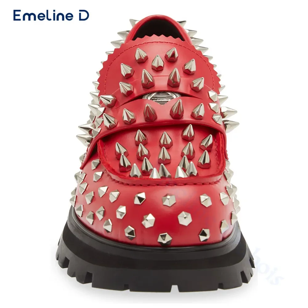 Studded Red Leather Casual Shoes Slip-On Style Big Toe Thick-Soled Leather Shoes Fashionable Personality Large Size Men\'s Shoes