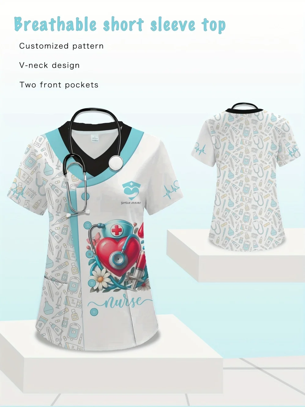 

Clinical Uniform Woman Cartoon Pattern Printing Dental and Beauty Clinic with Pockets Short Sleeve Surgical Uniforms Woman Tops