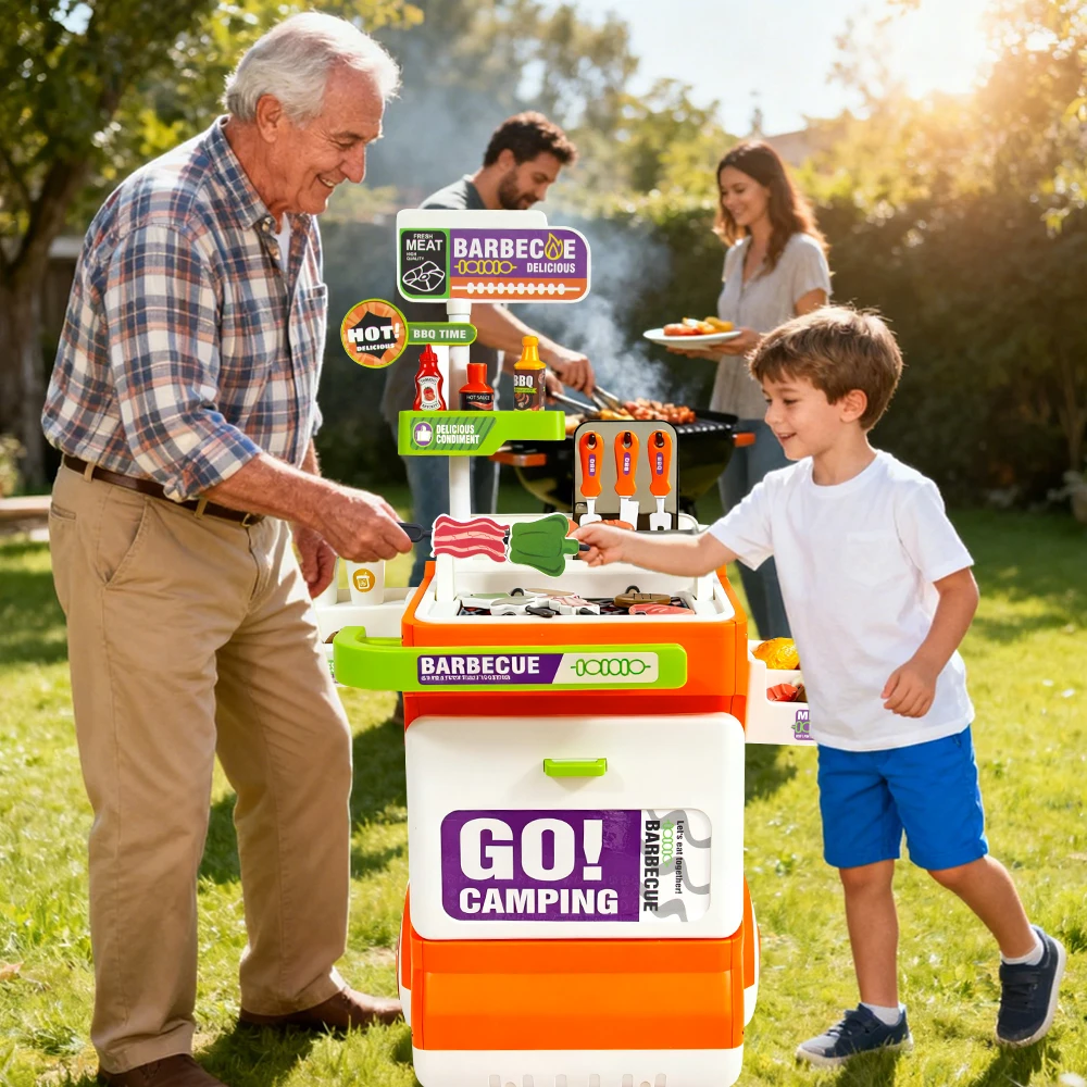 Multifunctional playhouse barbecue toy, with spray design, realistic barbecue tools, gift