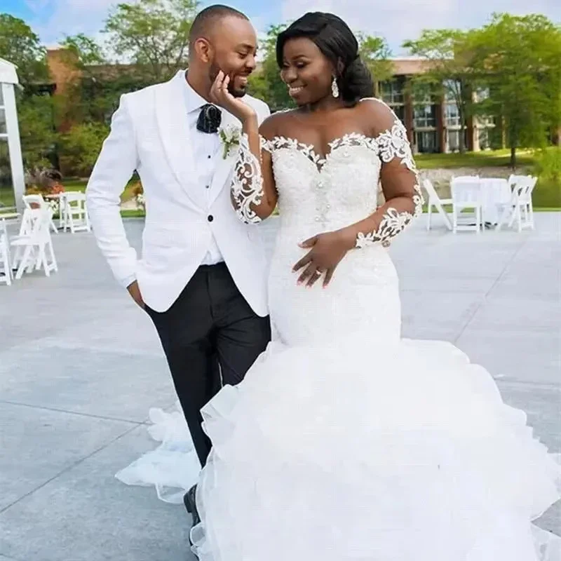 

Customized Mermaid Wedding Dresses Tulle South African Sheer Illusion Long Sleeves Cascading Ruffles Organza Bridal Gowns