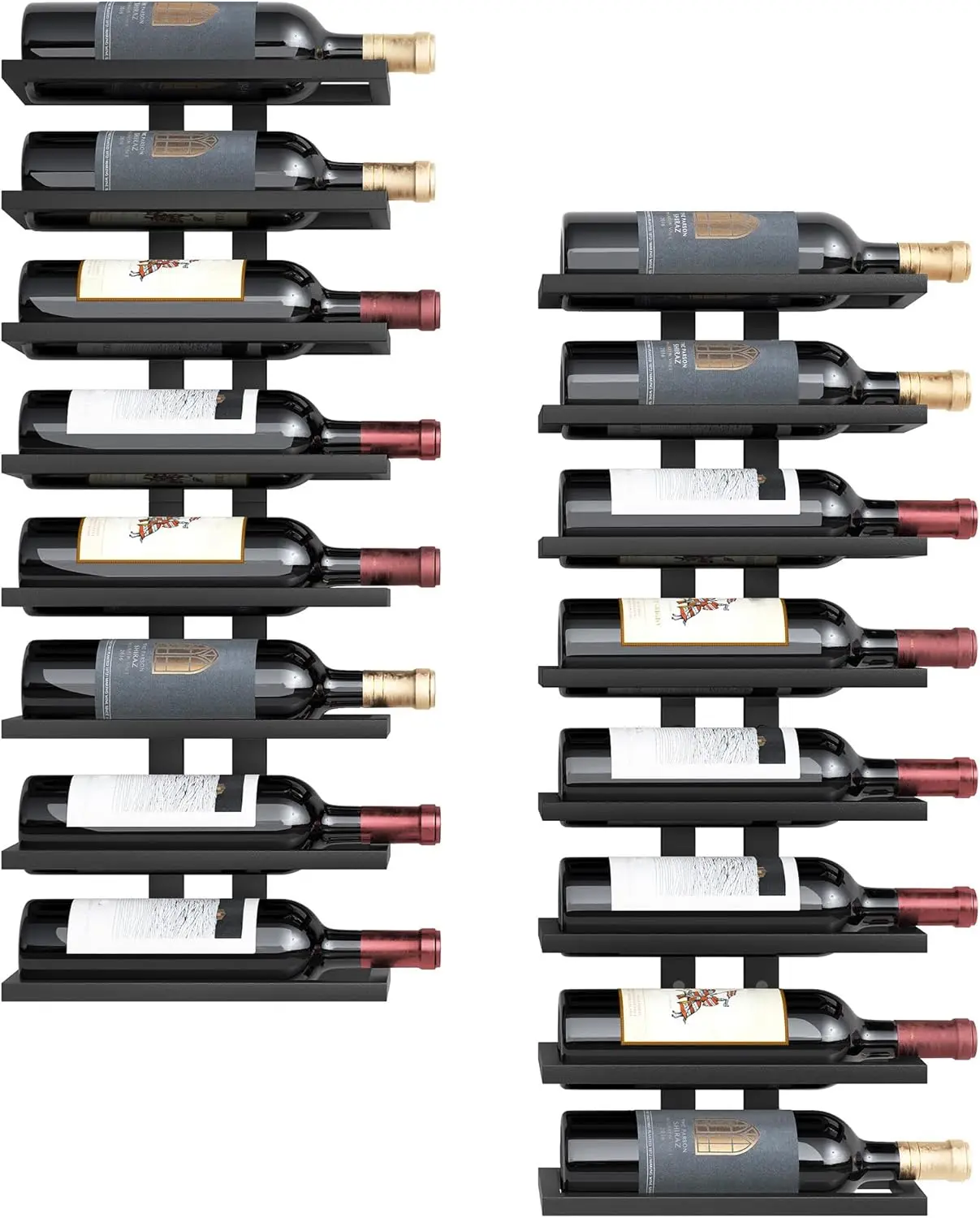 

2-Set 8 Tier Wall Mount Wine Rack (16 Tiers), Space-Saving Bottle Organizer for Living Room, Dining, Bar, Black