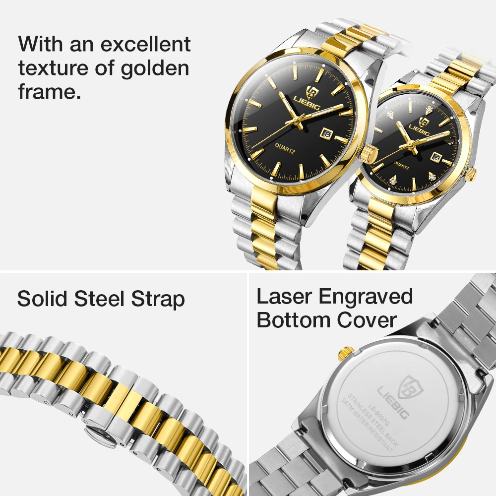 LIEBIG Quartz movement Wristwatch Clock Female Male Luxury Golden Full Steel Watches Mens Casual 3Bar Waterproof reloj hombre