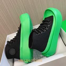 Black/white/green Mixed Color Jumbo Sneakers Women/men Vulcanize Shoes 4.5Cm Platform Round Toe Lace-Up High Top Canvas Sneakers