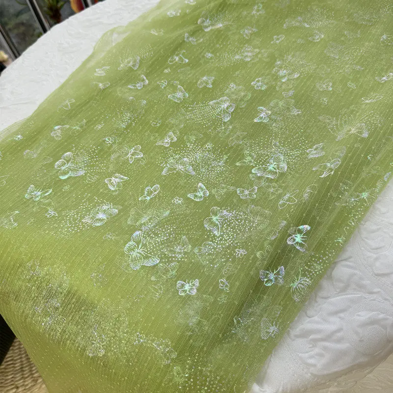 2m Soft Green Transparent Tulle with Seven Color Butterfly Design for Festival Decoration Background in Clothing Accessory Set