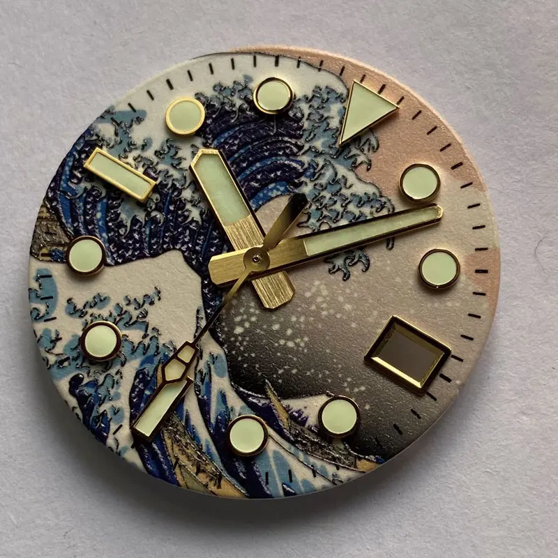 Watch Parts 28.5mm Kanagawa Wave Golden Marks Watch Dial Full Luminous Date Window Suitable For NH35 Automatic Movement