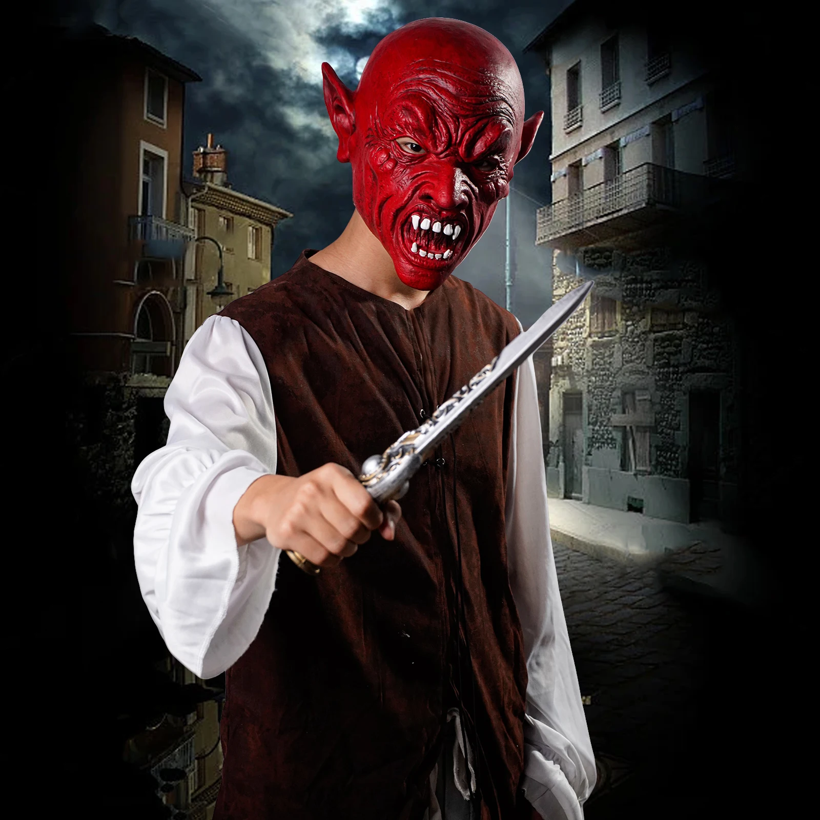 قناع جمجمة مرعب - إكسسوار أزياء الهالوين من اللاتكس مع خطر الأنياب وبقع الدم، مثالي للحفلات الرعب