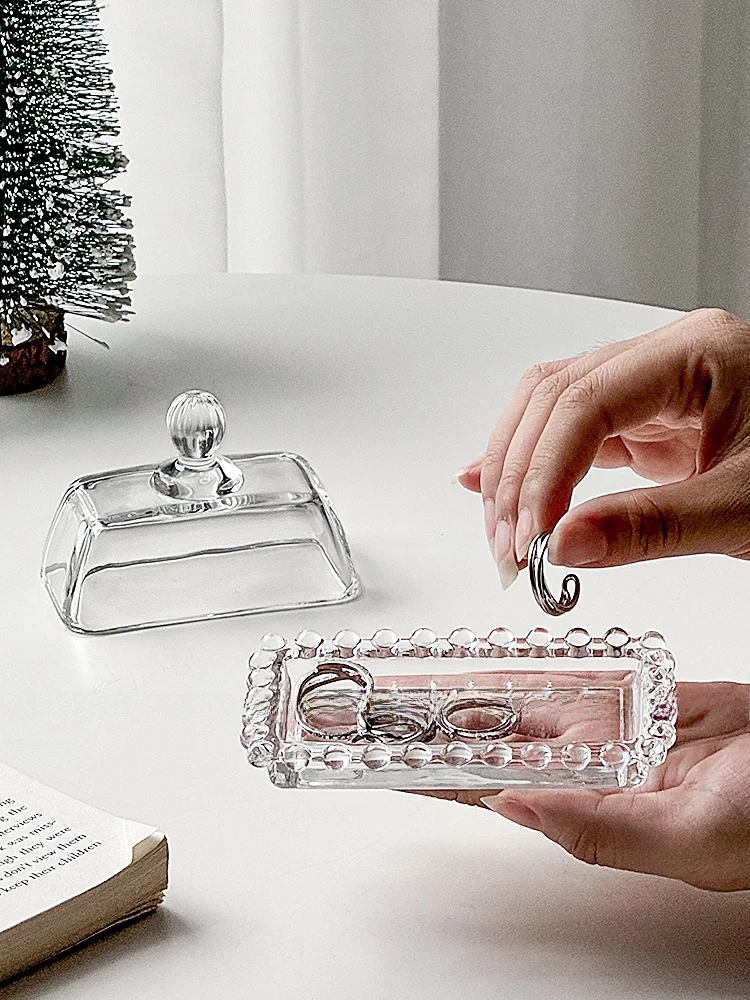 

French Sle Jewelry Box Storage Organizer Rectangle Glass Bead for Rings Nelaces Earrings Sugar Tray Household Use