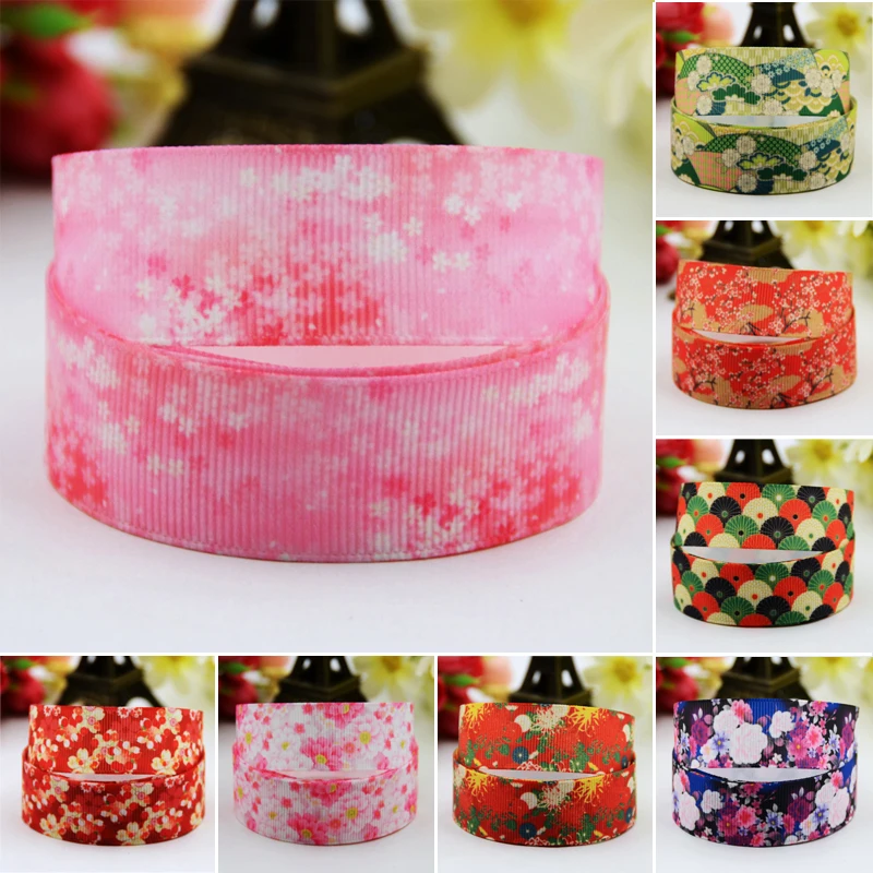 22mm 25mm 38mm 75mm Japanese flower printed Grosgrain Ribbon party decoration 10 Yards satin ribbons Mul071