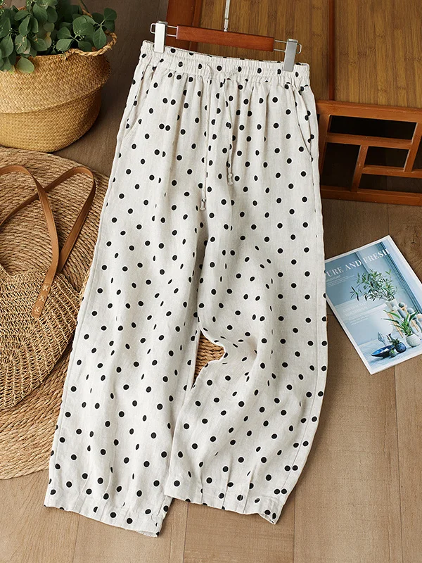 

Artistic Vintage plus Size Women's Wide Leg Pants Button Polka Dot Design Casual High Waist Straight Cut Breathable Summer