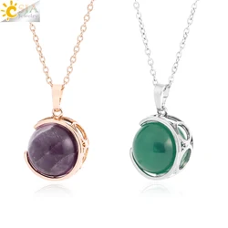 CSJA Natural Stone Round Bead Pendant Necklace for Man Women Amethysts Crystal Stainless Steel Chain Necklaces Jewelry H232