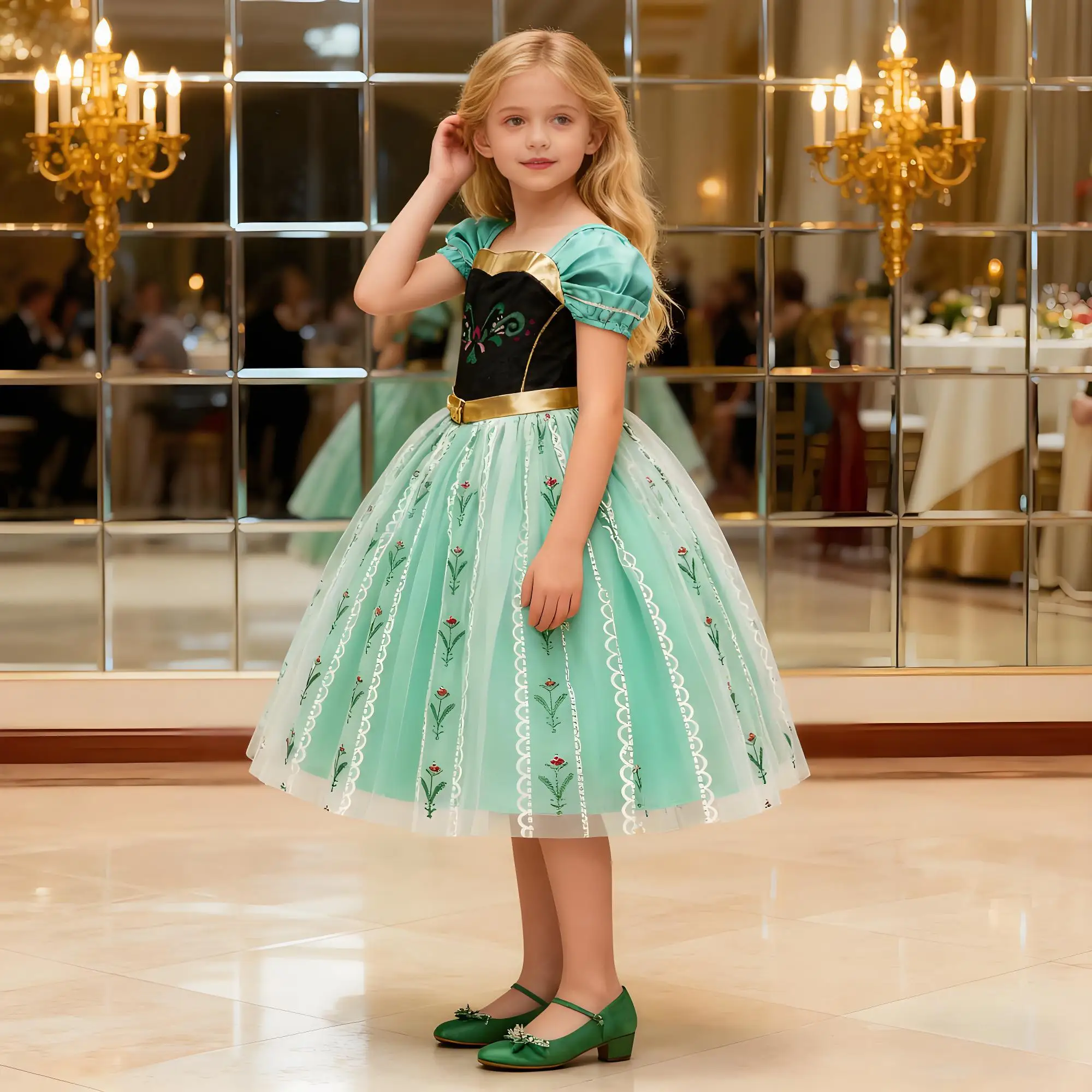 

2025 New Design Princess Girls Green Anna Dress Birthday Party Cosplay Outfits Child Crown Gloves Halloween Prom Costumes 2-10Y