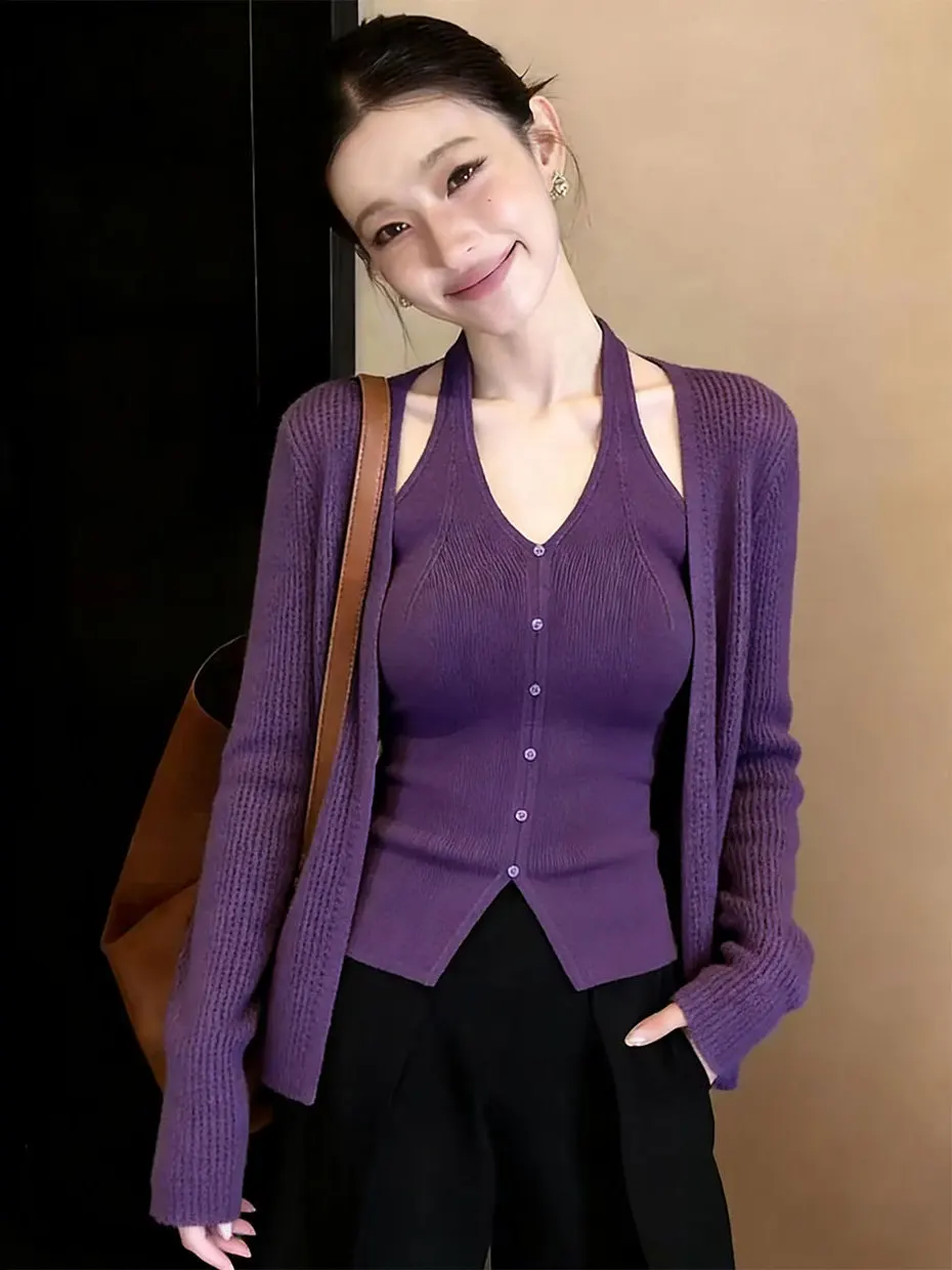 

Purple V-Neck Long Sleeve Knitted Cardigan Women's Autumn Winter Short Top Set French Style Slim Fit Medium Softness Button D...