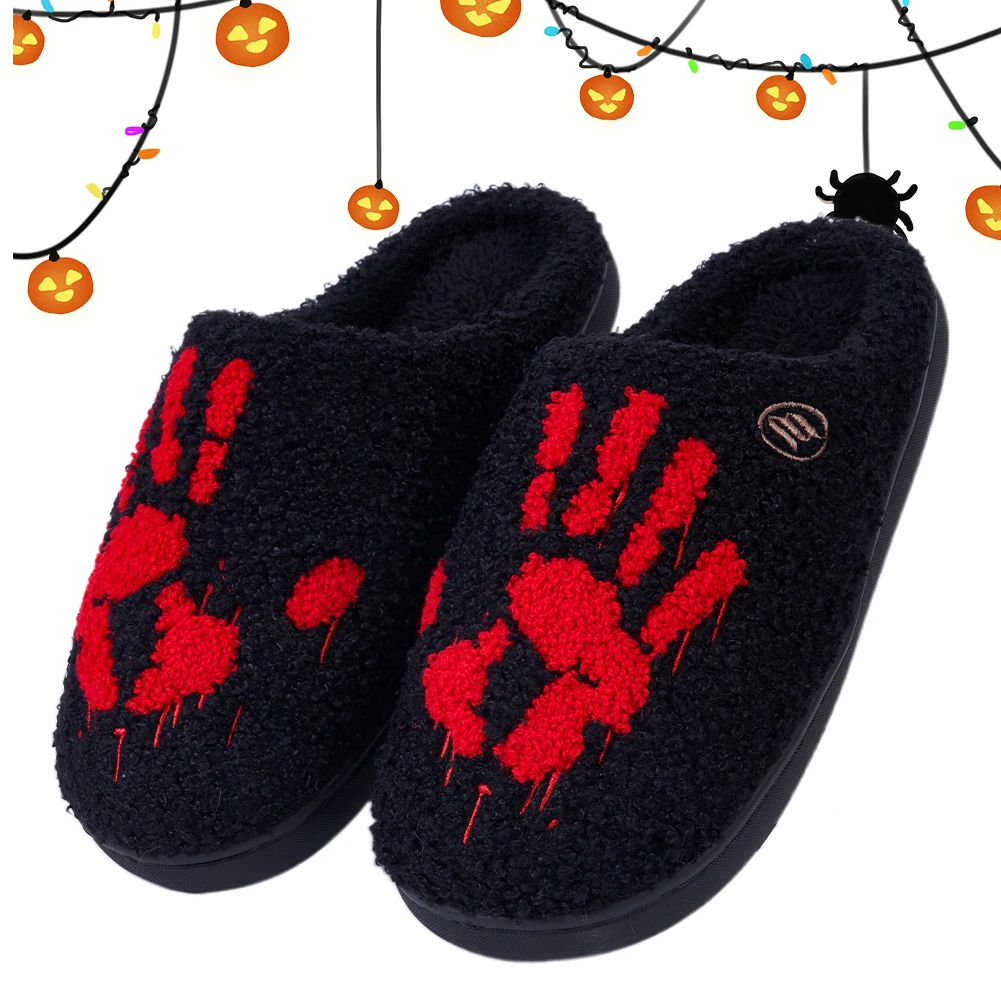 

Halloween Palm Plush Slippers Flat Thermal Slippers Non-Slip Fluffy Home Slippers Thermal Closed Toe Slippers for Autumn Winter