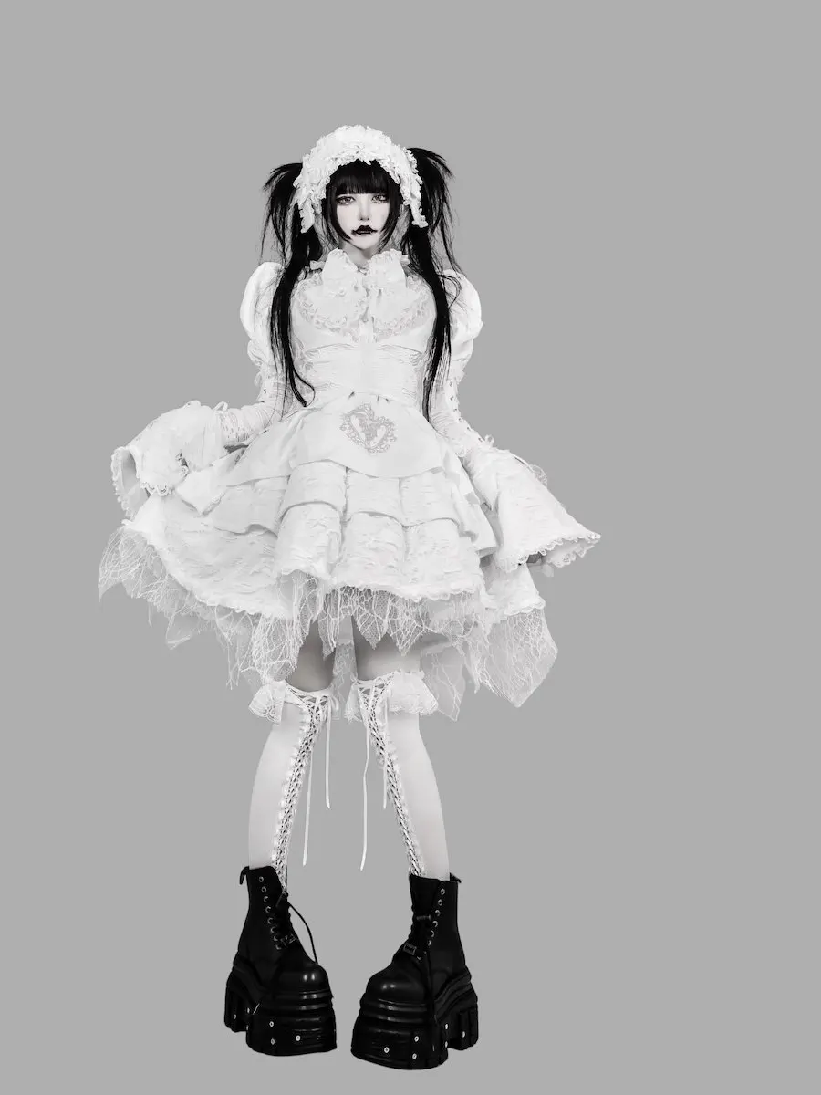 Dark gothic cool girl Japanese lace dress women's waist multi-layer skirt sexy lolita dress cos punk women's long-sleeved dress view 3