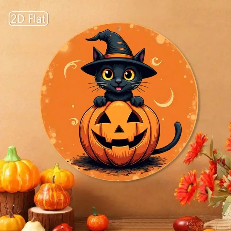 1 шт. 8x8 дюймов 2D плоский круглый металлический знак на Хэллоуин — черный кот в шляпе ведьмы на тыкве, оранжевый фон с пузырьками, легко повесить