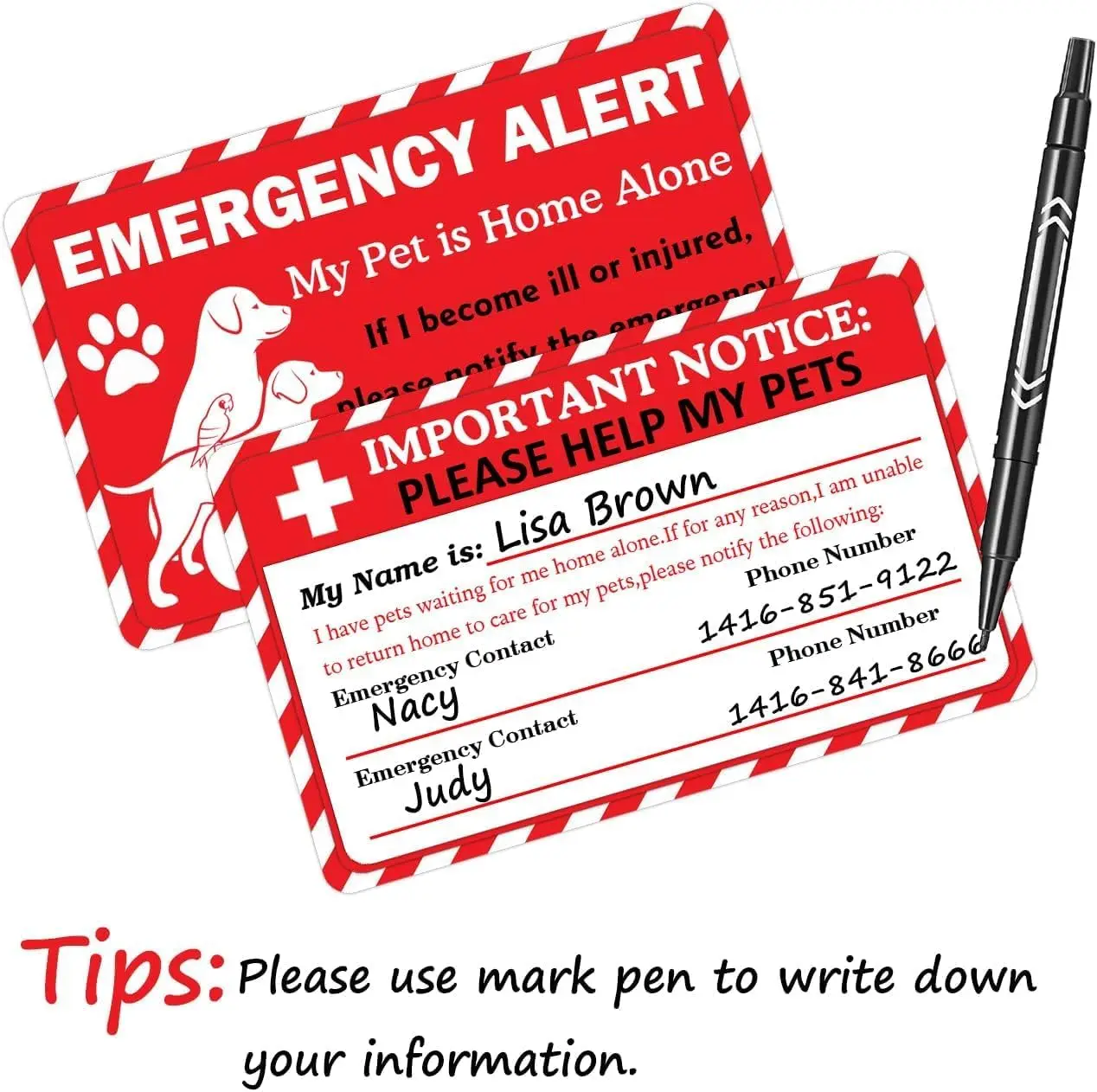 2 Pcs Dogs & Cats are Home Alone Alert Emergency Card and Key Tag with Emergency Contact Call Card Contact Wallet Card
