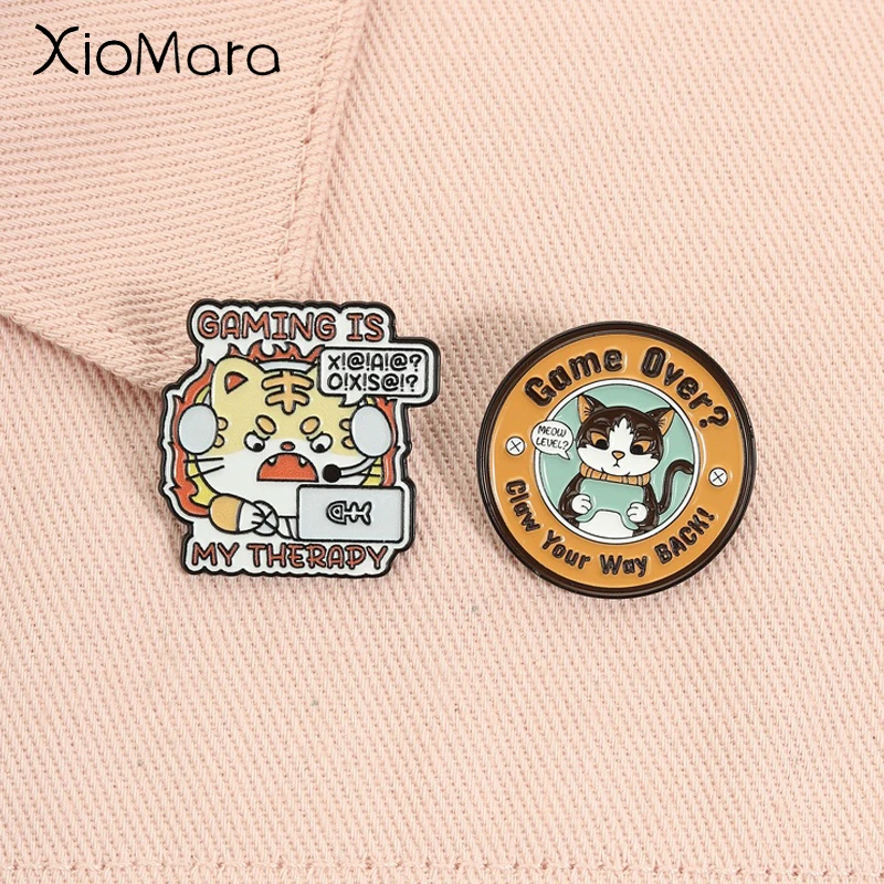 Gaming Is My Therapy Enamel Pins Angry Tiger Cute Cat Playing Game Animal Brooches Lapel Badge Jewelry Gifts for Gamer Friends