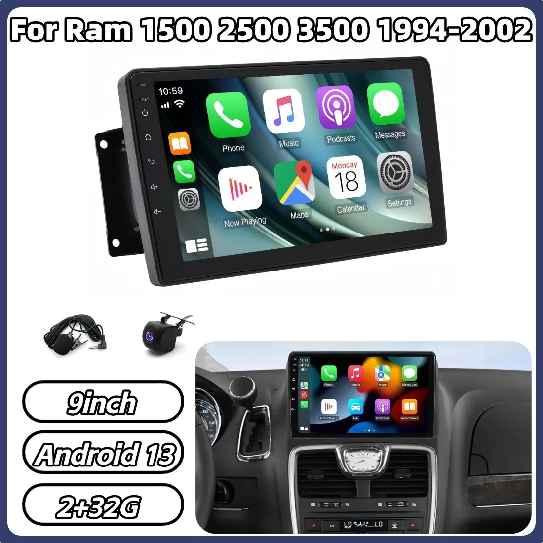 9in 2+32G Android 13 Car Stereo For Ram 1500 2500 3500 1994-2002 For Wrangler TJ 1997-2006 For Carplay GPS WiFi Bluetooth