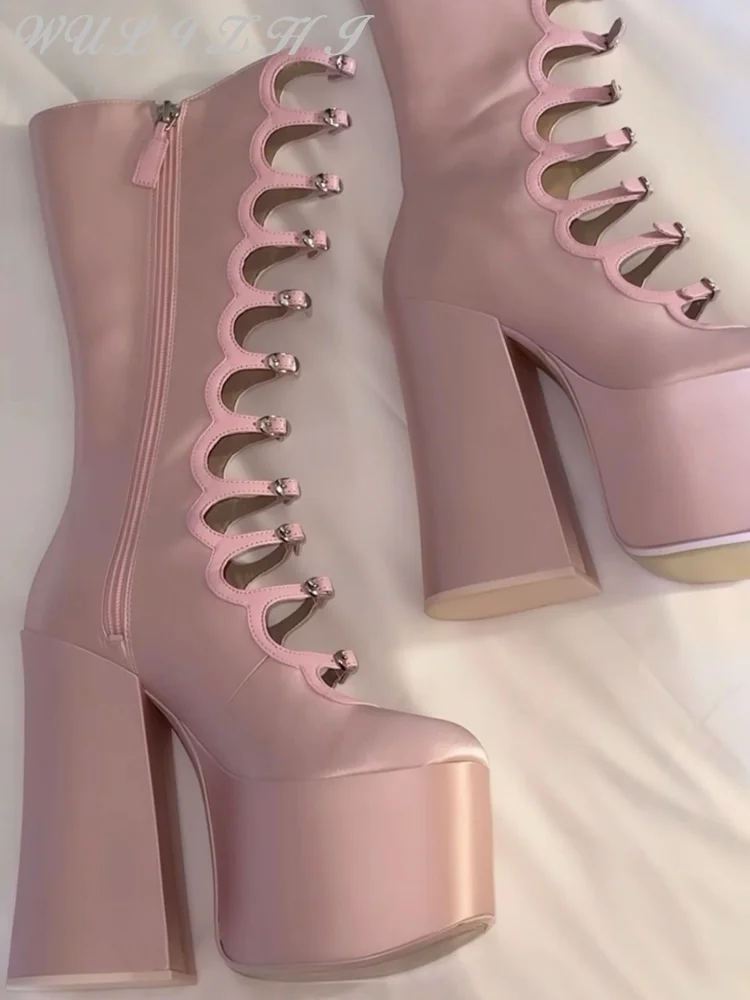 Sweet Pink Silk Hollow Women\'s Boots Summer Trendy Platform Belt Buckle Zipper Super High Heel Lolita Knee High Boots