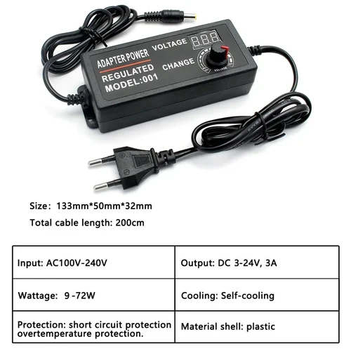 Imagen 2 del producto Fuente de alimentación ajustable de CA 3V-24V 3A AC DC con adaptador Universal de conexión de 9 enchufes CA ajustable a CC 220V 110V a 3V 24V 9W 72W