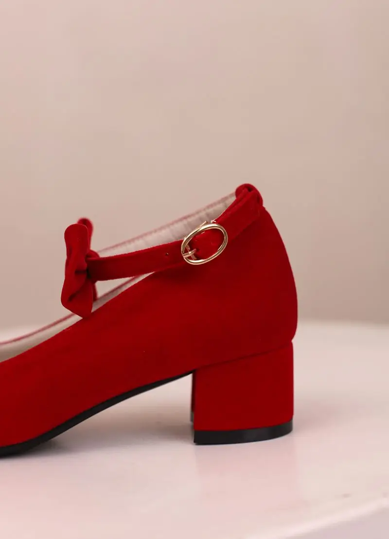 REAVE CAT Janes Pumps 32 33 Round Toe Block Heels 5.5cm Buckle Strap Bowknot Size 45 46 47 Flock Suede Shoes