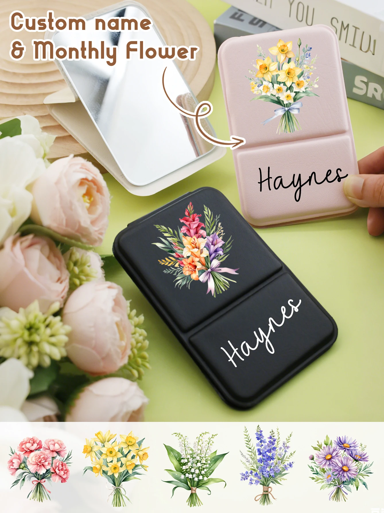 Custom Birth Flower Makeup Pocket Mirror,Personalized Name Stand-Up Folding Mirror,Customizable Travel Makeup Mirror,