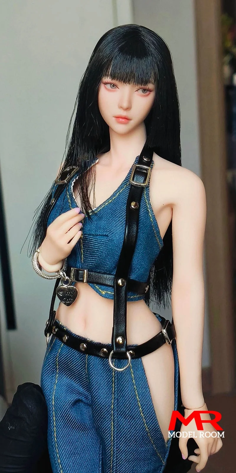 1/6 Scale Female Denim Outfit Blue Crop Top with Harness Flare Jeans Clothes Model Fit 12 inch Soldier Action Figure Body
