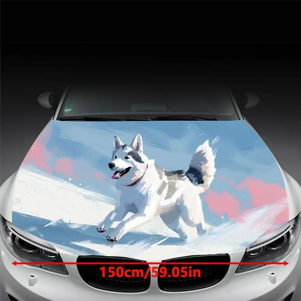 Husky Running in The Snow Print Car Hood Wrap Color Vinyl Sticker Truck Graphic Bonnet DIY Auto Accessories Decor Decal Gift